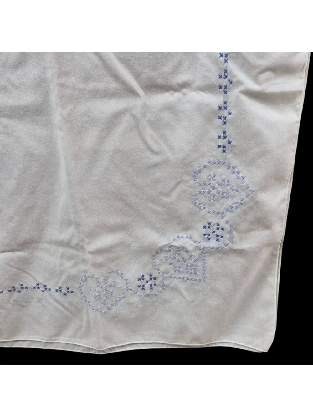 Vintage Hand Embroidered White Tablecloth Blue Cross-Stitch Heart Floral Cotton